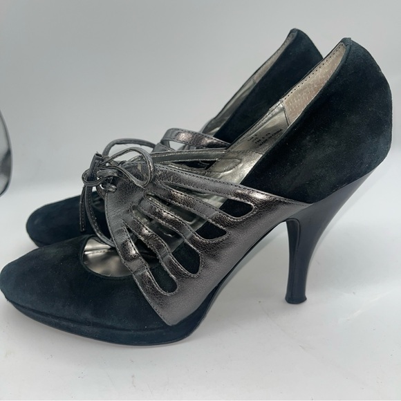 Calvin Klein Lace Up Heels Pumps Retro Pinup Sz 8 M Black Silver Faux Suede - Picture 6 of 13
